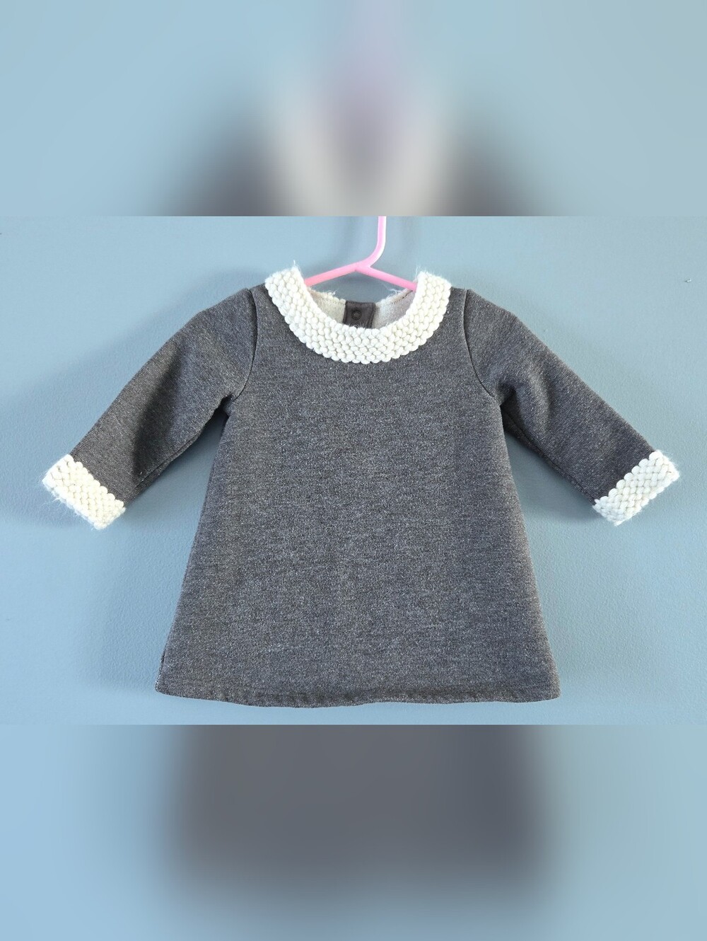Gray Knit Baby Dress with White Trim (6-12m)